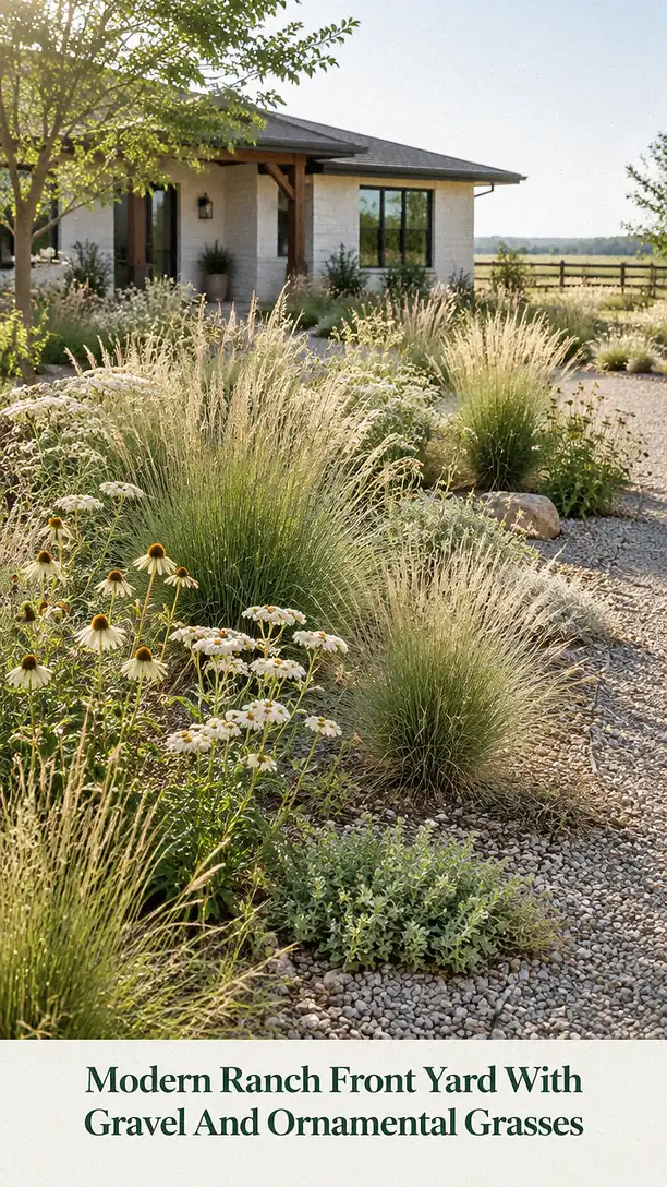 Modern Ranch Front Yard With Gravel And Ornamental Grasses