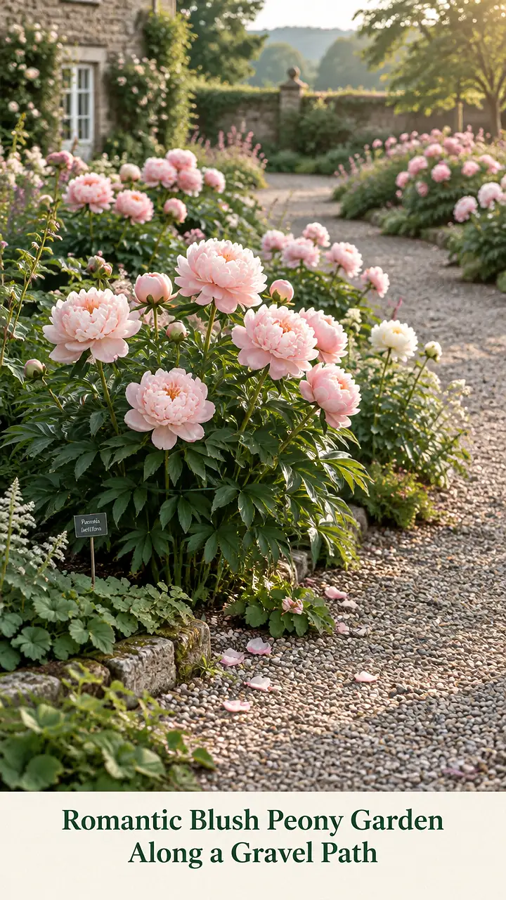 Romantic Blush Peony Garden Along a Gravel Path