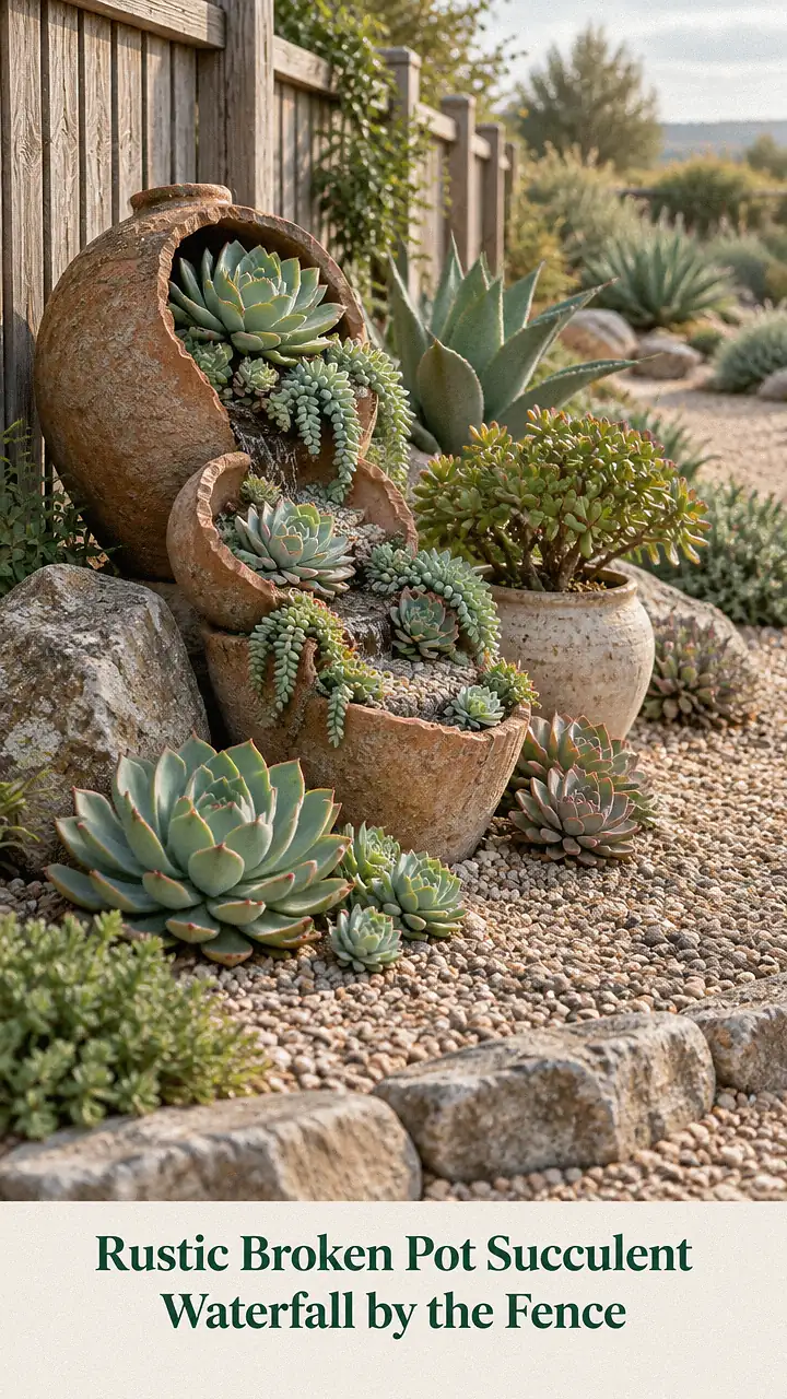 Rustic Broken Pot Succulent Waterfall by the Fence