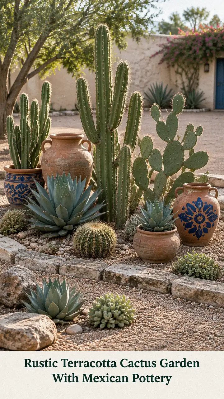Rustic Terracotta Cactus Garden With Mexican Pottery