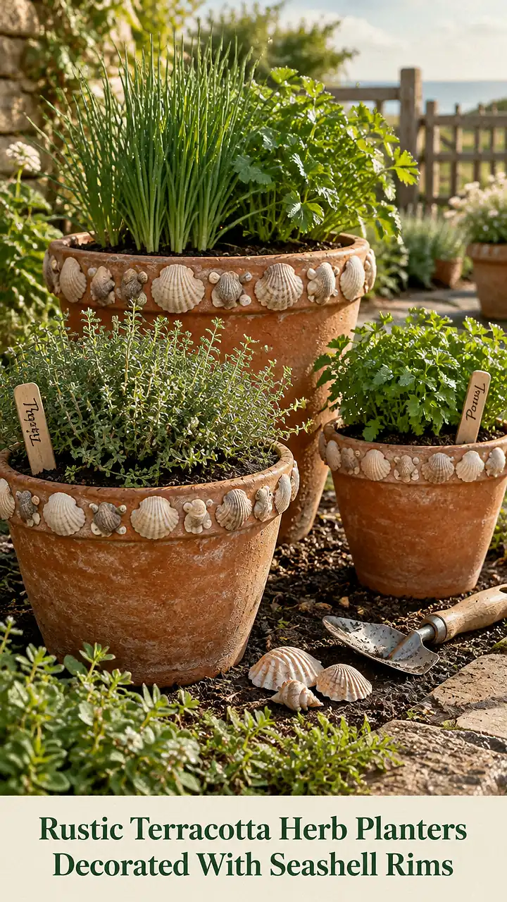 Rustic Terracotta Herb Planters Decorated With Seashell Rims