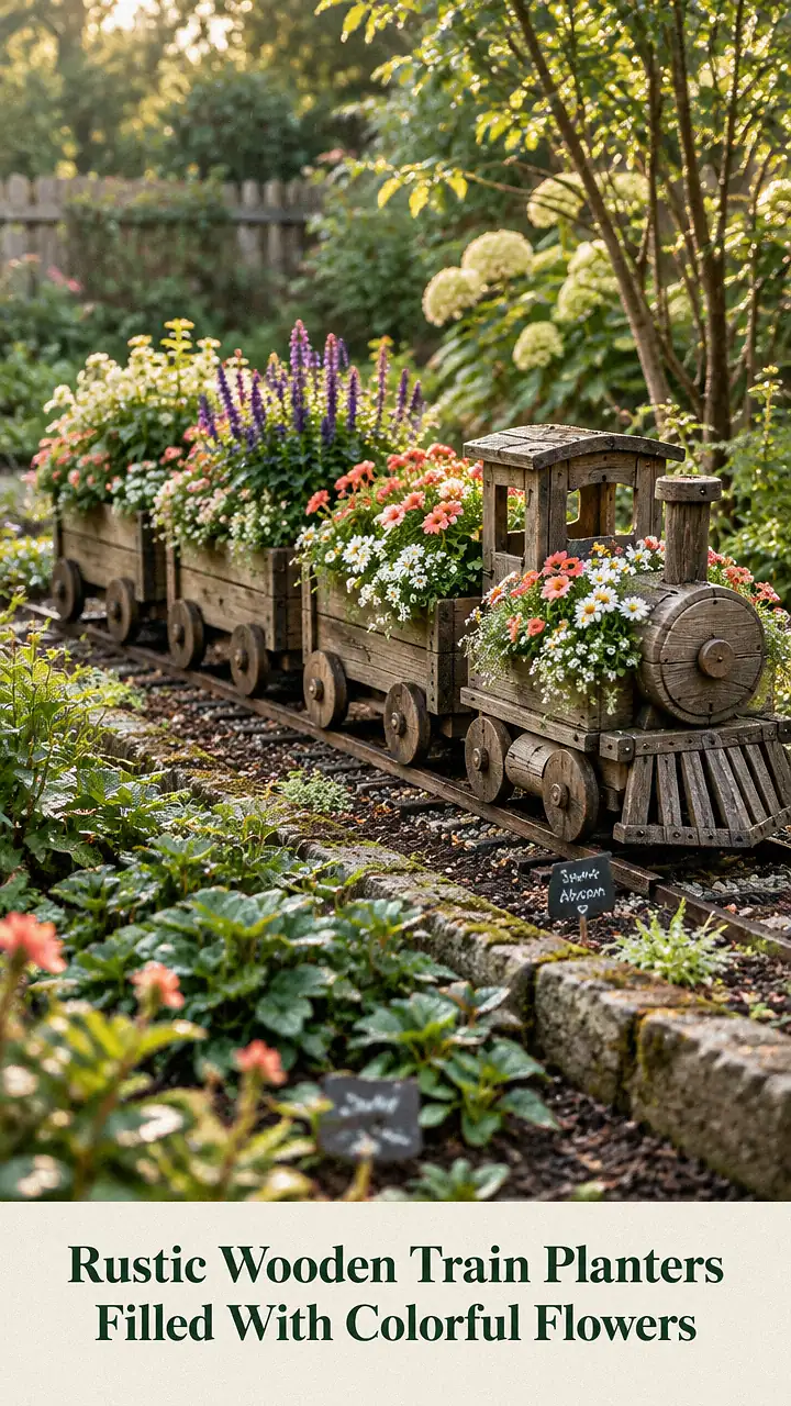 Rustic Wooden Train Planters Filled With Colorful Flowers