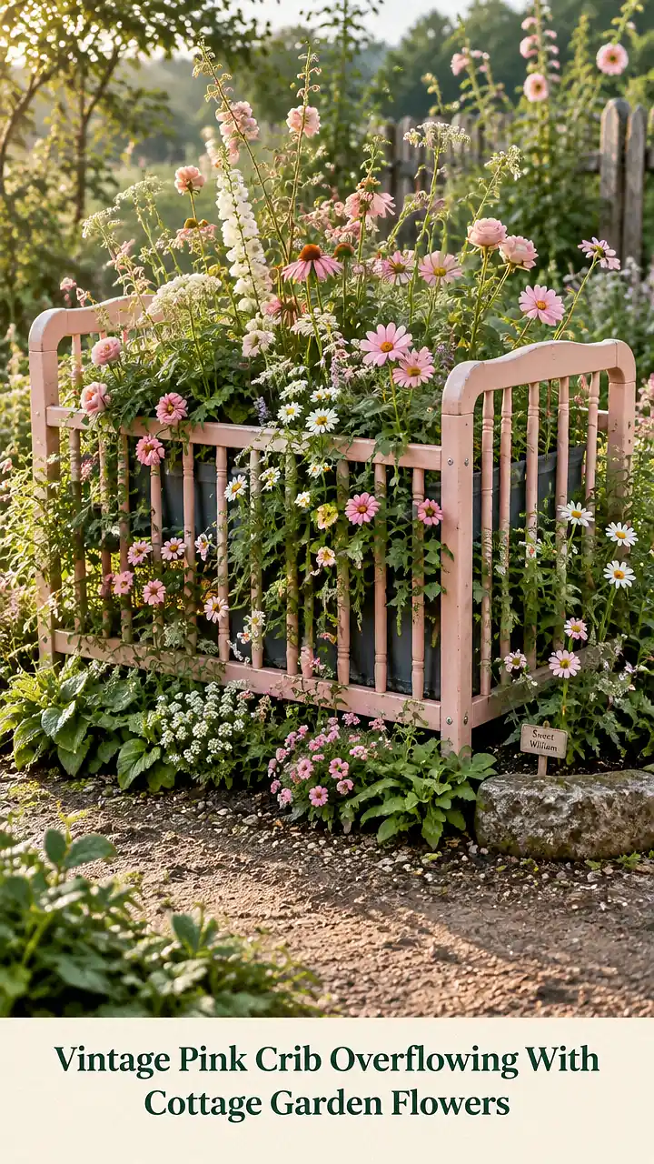 Vintage Pink Crib Overflowing With Cottage Garden Flowers