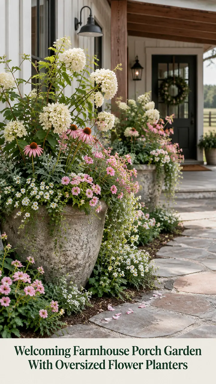 Welcoming Farmhouse Porch Garden With Oversized Flower Planters