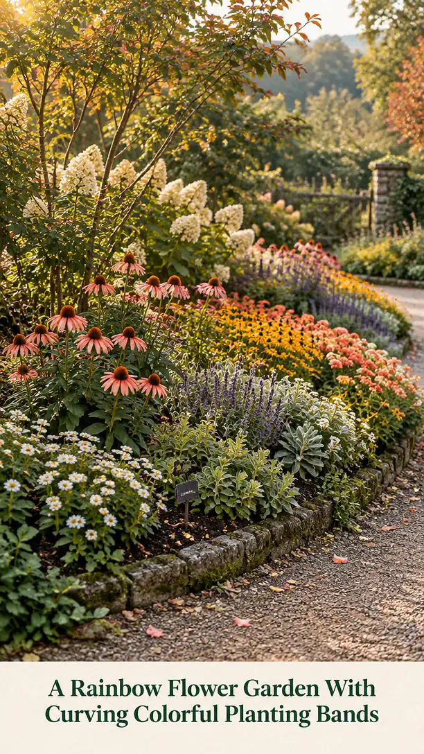 A Rainbow Flower Garden With Curving Colorful Planting Bands