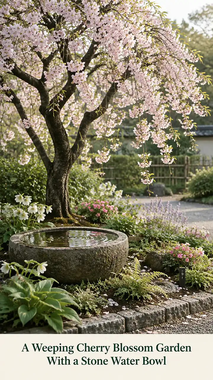 A Weeping Cherry Blossom Garden With a Stone Water Bowl