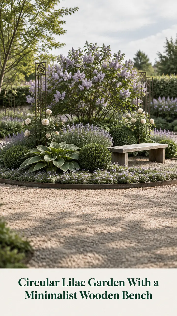 Circular Lilac Garden With a Minimalist Wooden Bench
