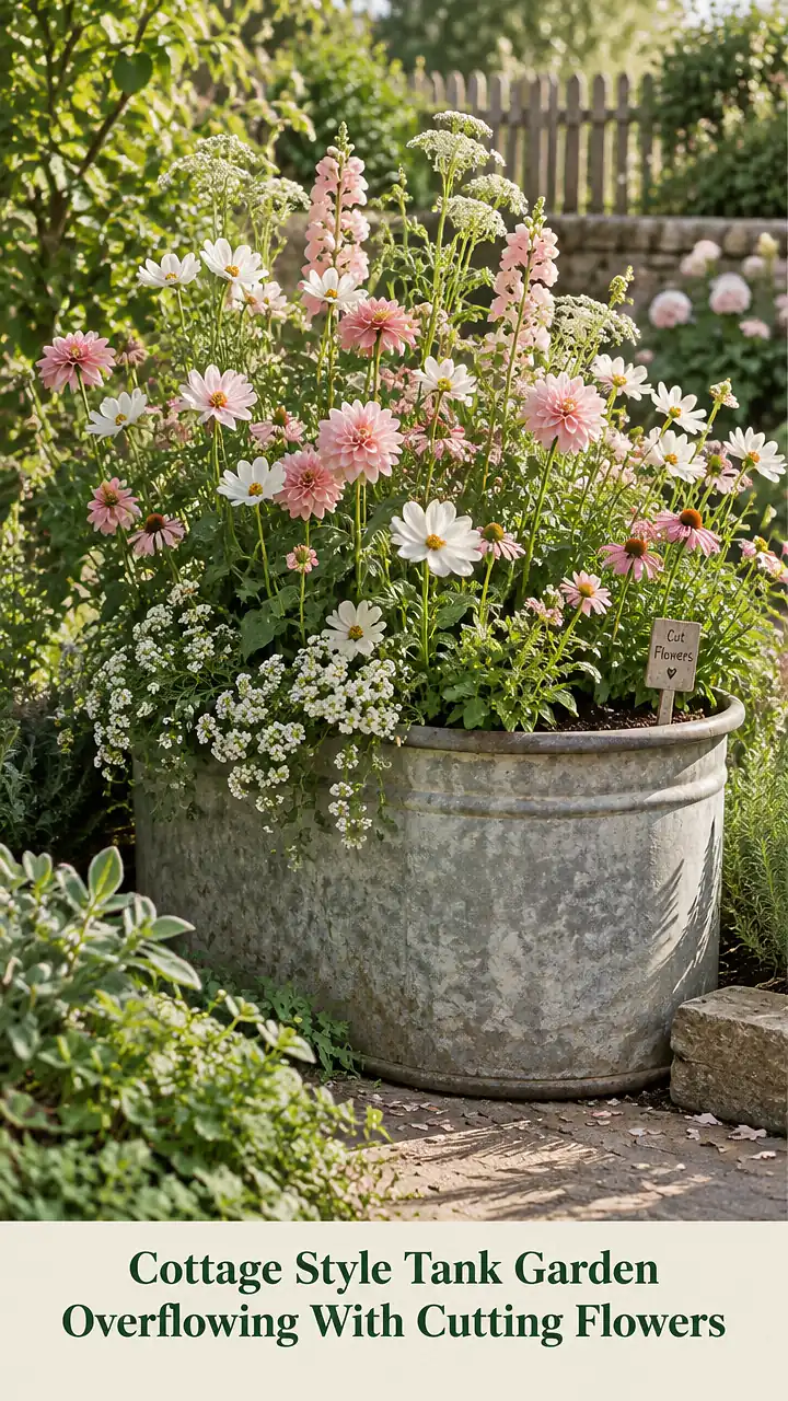 Cottage Style Tank Garden Overflowing With Cutting Flowers