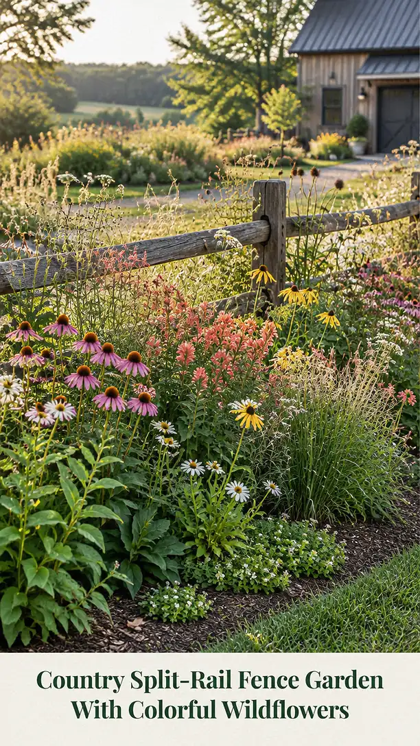 Country Split-Rail Fence Garden With Colorful Wildflowers