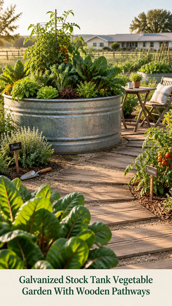 Galvanized Stock Tank Vegetable Garden With Wooden Pathways