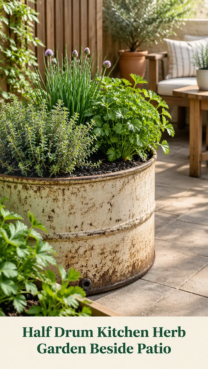 Half Drum Kitchen Herb Garden Beside Patio