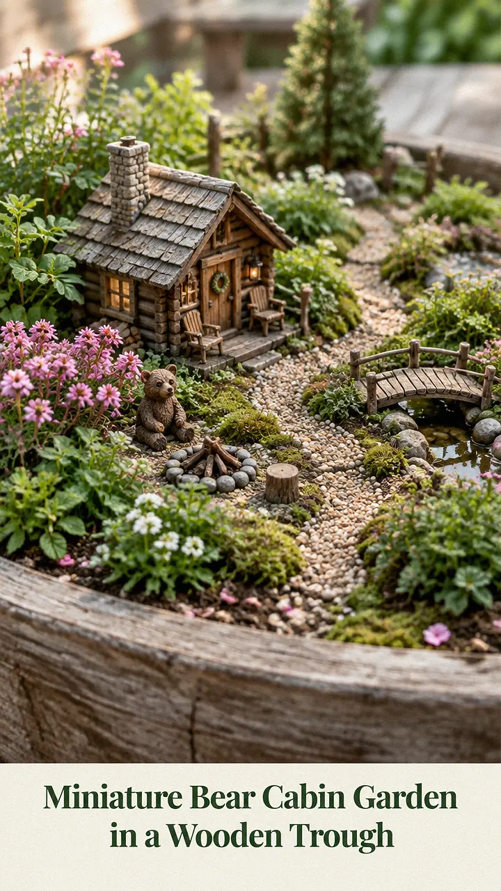 Miniature Bear Cabin Garden in a Wooden Trough