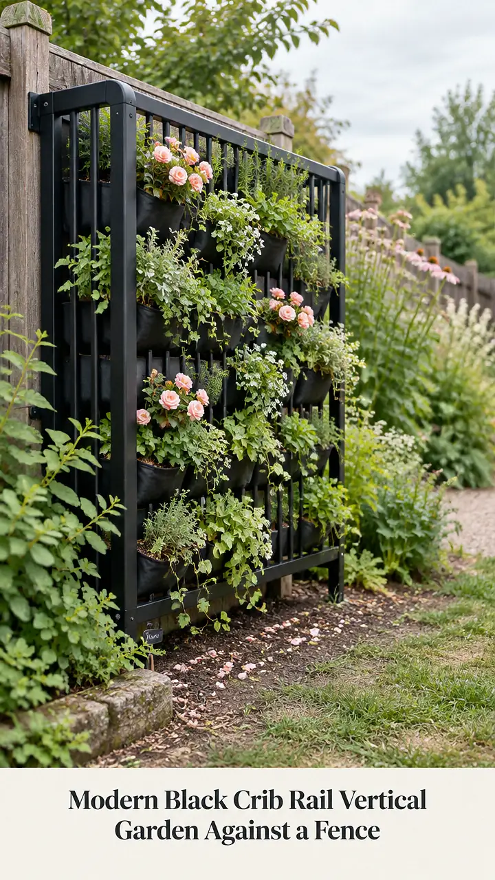 Modern Black Crib Rail Vertical Garden Against a Fence