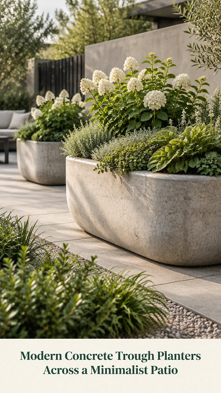 Modern Concrete Trough Planters Across a Minimalist Patio