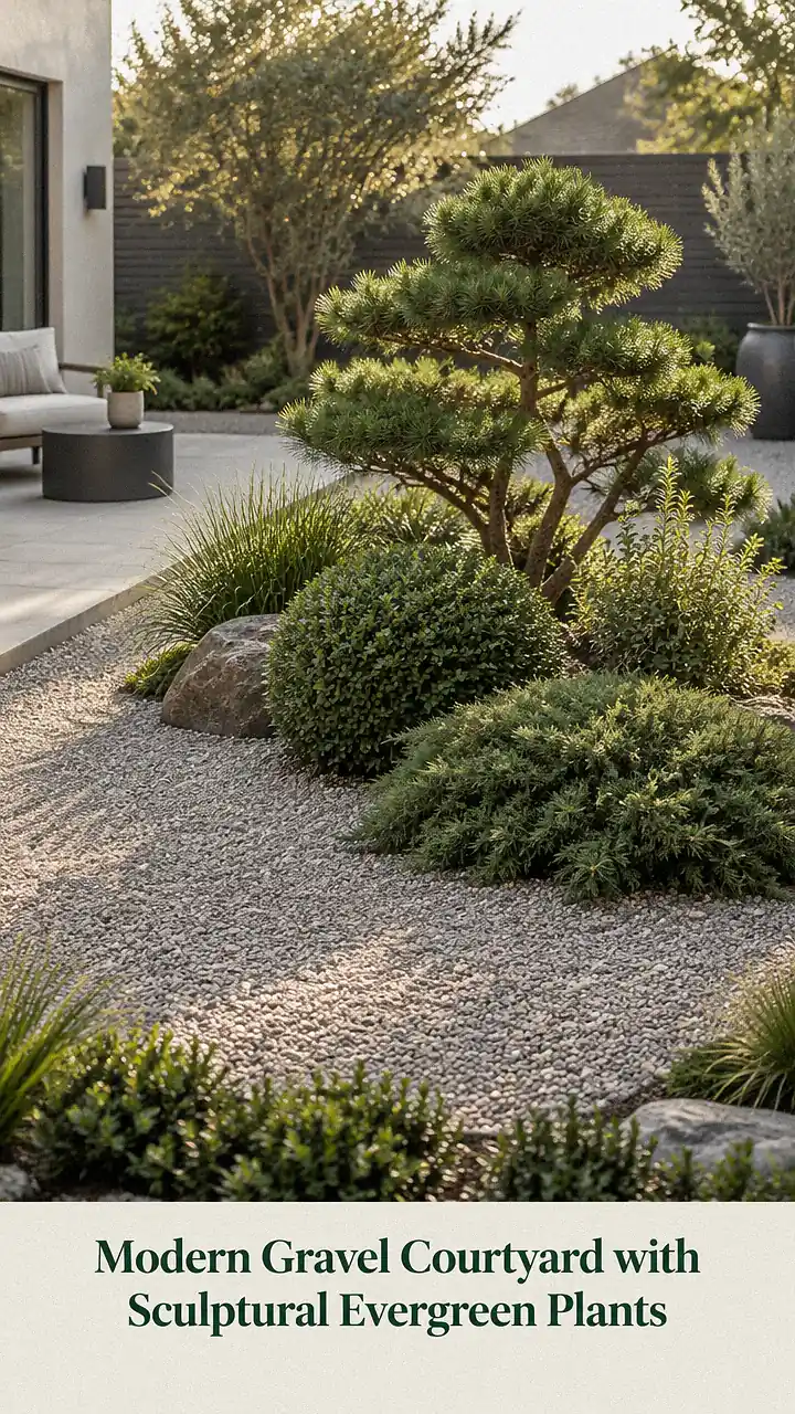 Modern Gravel Courtyard with Sculptural Evergreen Plants