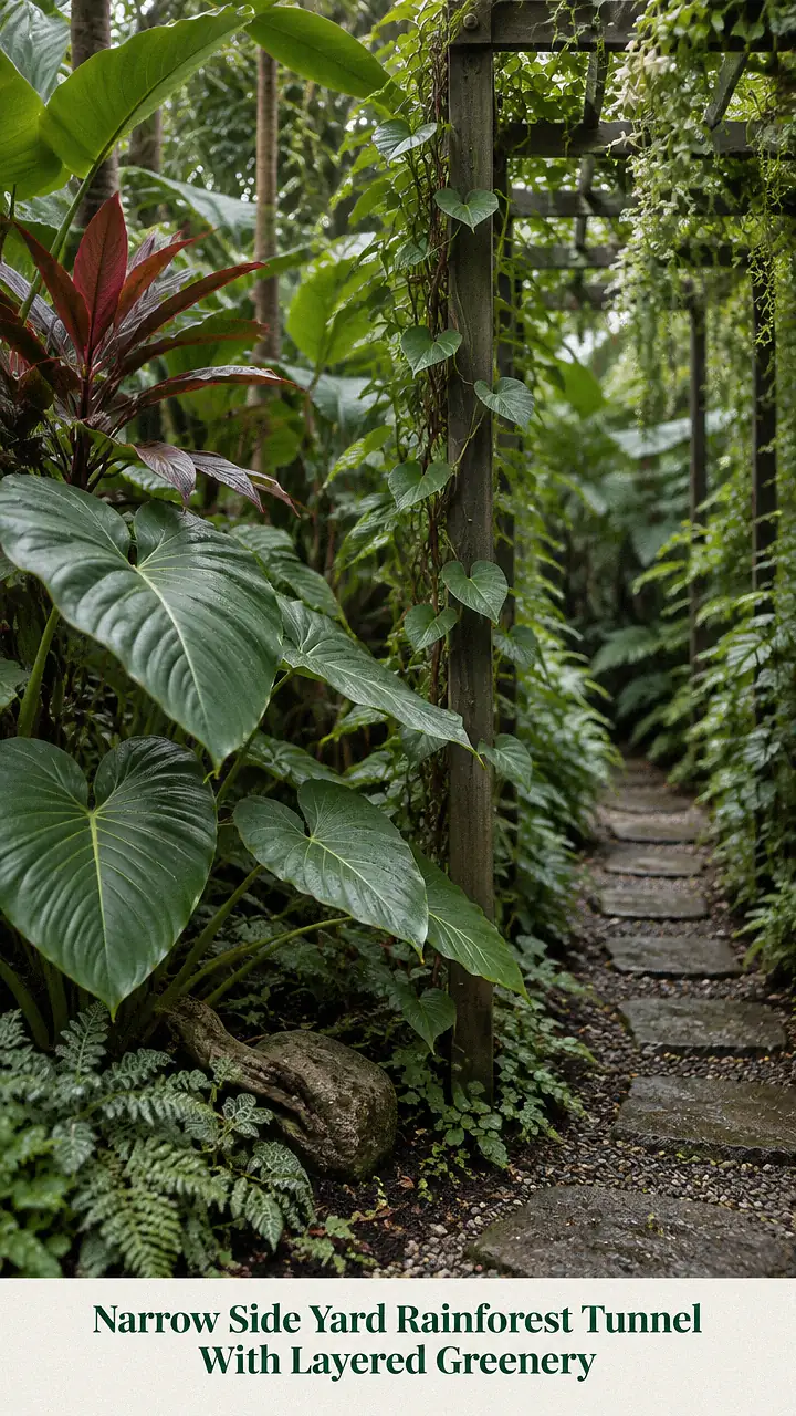 Narrow Side Yard Rainforest Tunnel With Layered Greenery