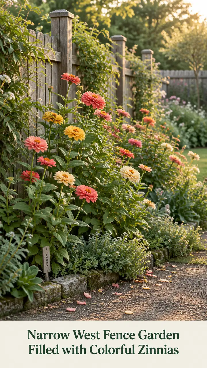 Narrow West Fence Garden Filled with Colorful Zinnias