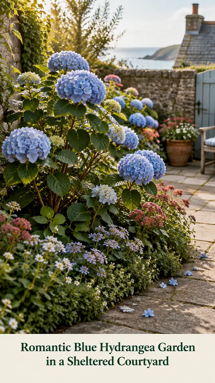 Romantic Blue Hydrangea Garden in a Sheltered Courtyard