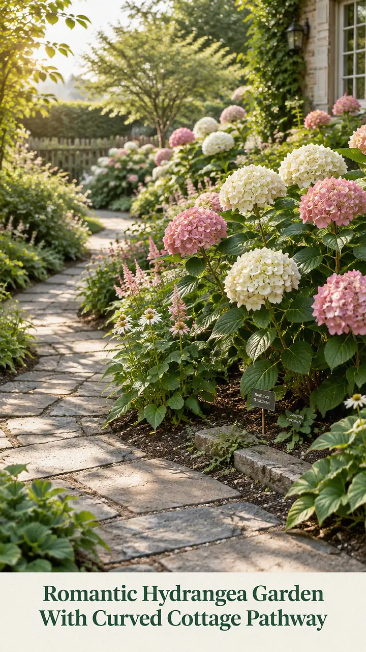 Romantic Hydrangea Garden With Curved Cottage Pathway