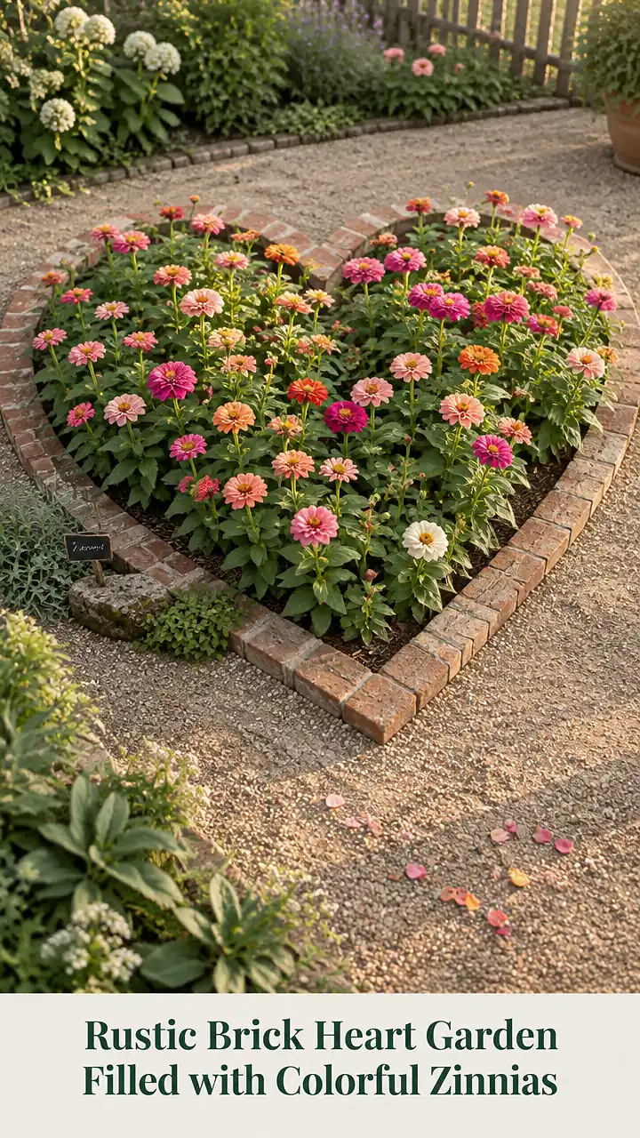 Rustic Brick Heart Garden Filled with Colorful Zinnias
