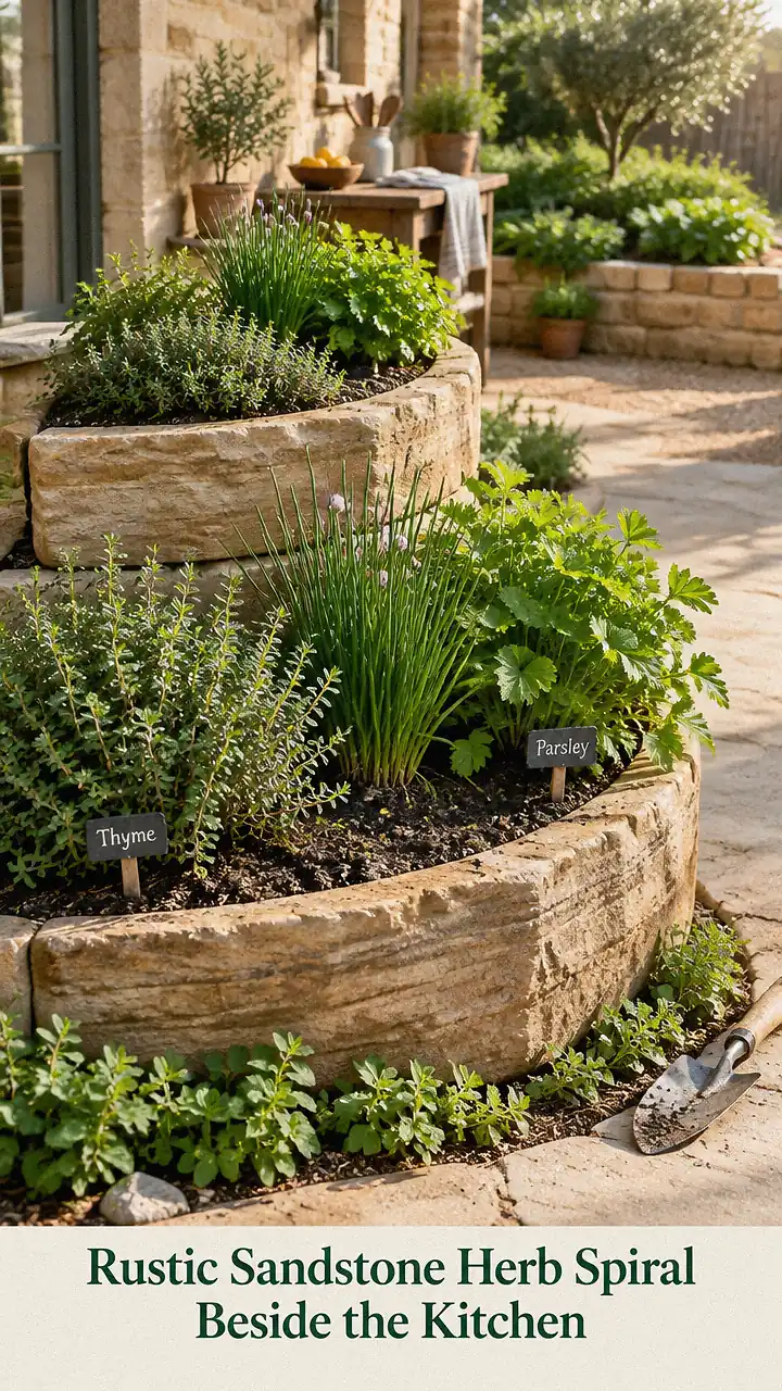 Rustic Sandstone Herb Spiral Beside the Kitchen