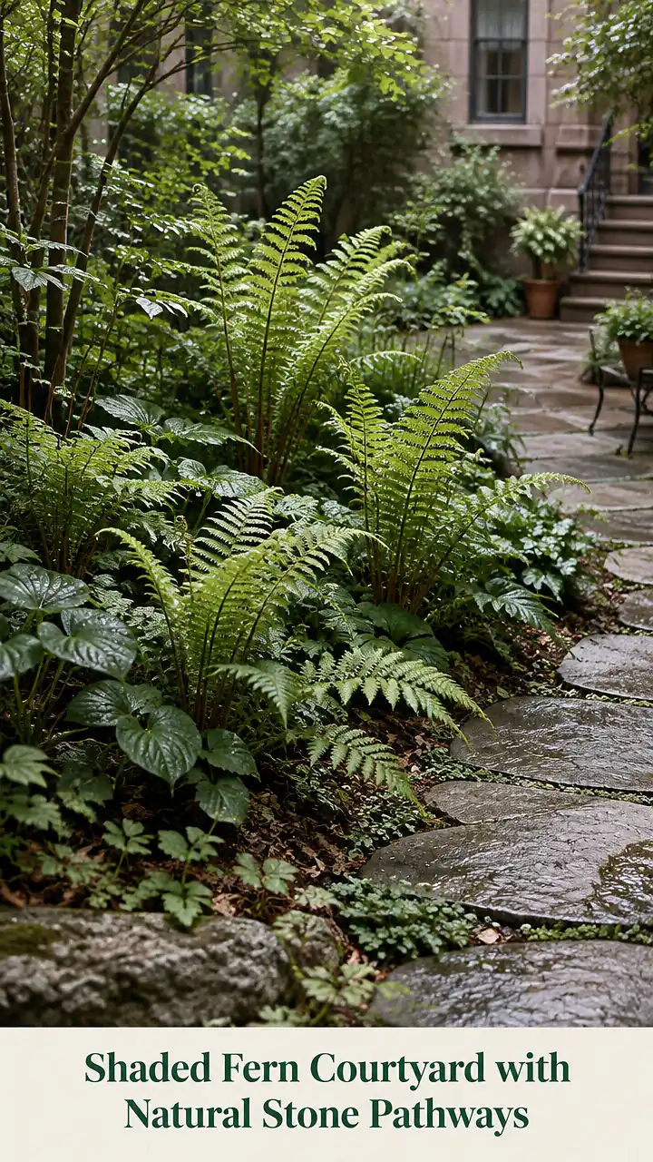 Shaded Fern Courtyard with Natural Stone Pathways