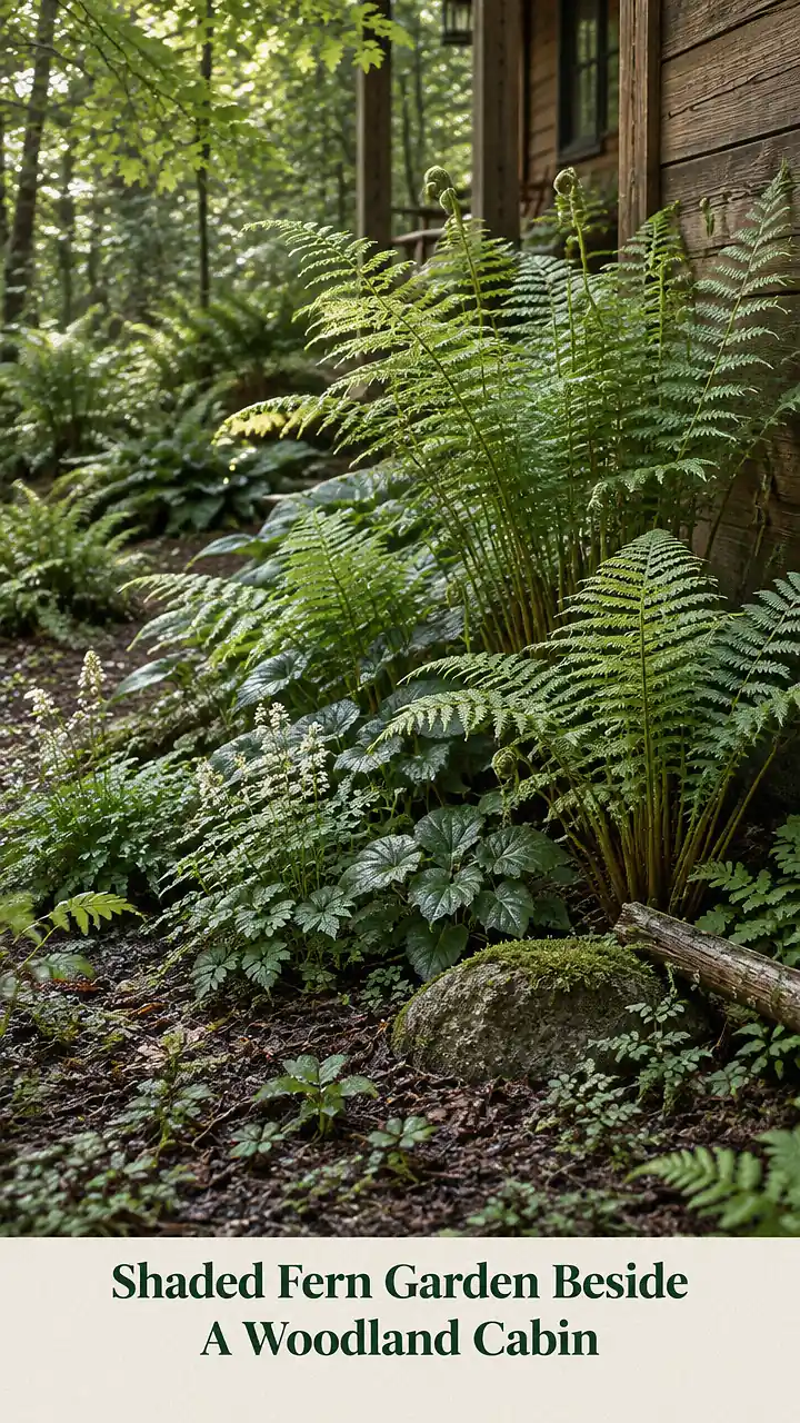 Shaded Fern Garden Beside A Woodland Cabin
