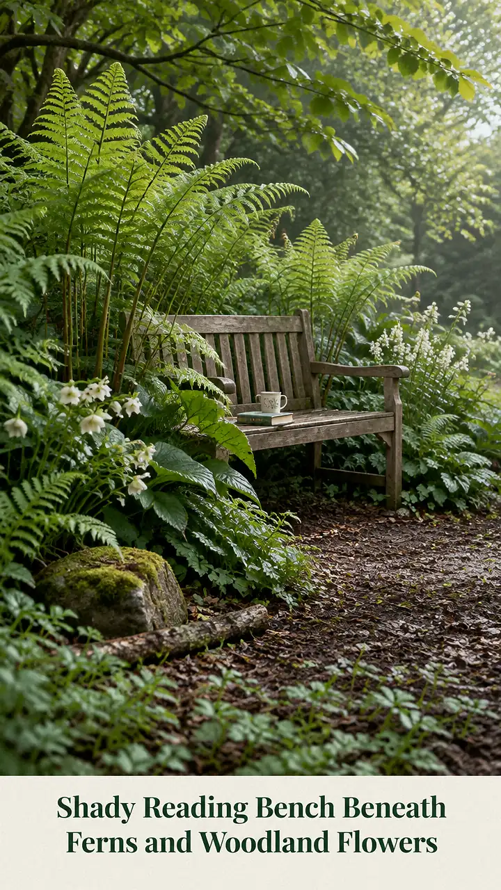 Shady Reading Bench Beneath Ferns and Woodland Flowers