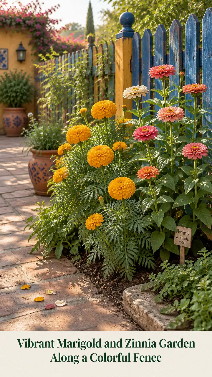 Vibrant Marigold and Zinnia Garden Along a Colorful Fence