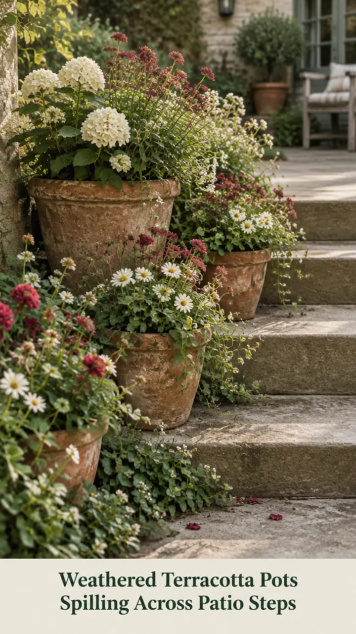 Weathered Terracotta Pots Spilling Across Patio Steps