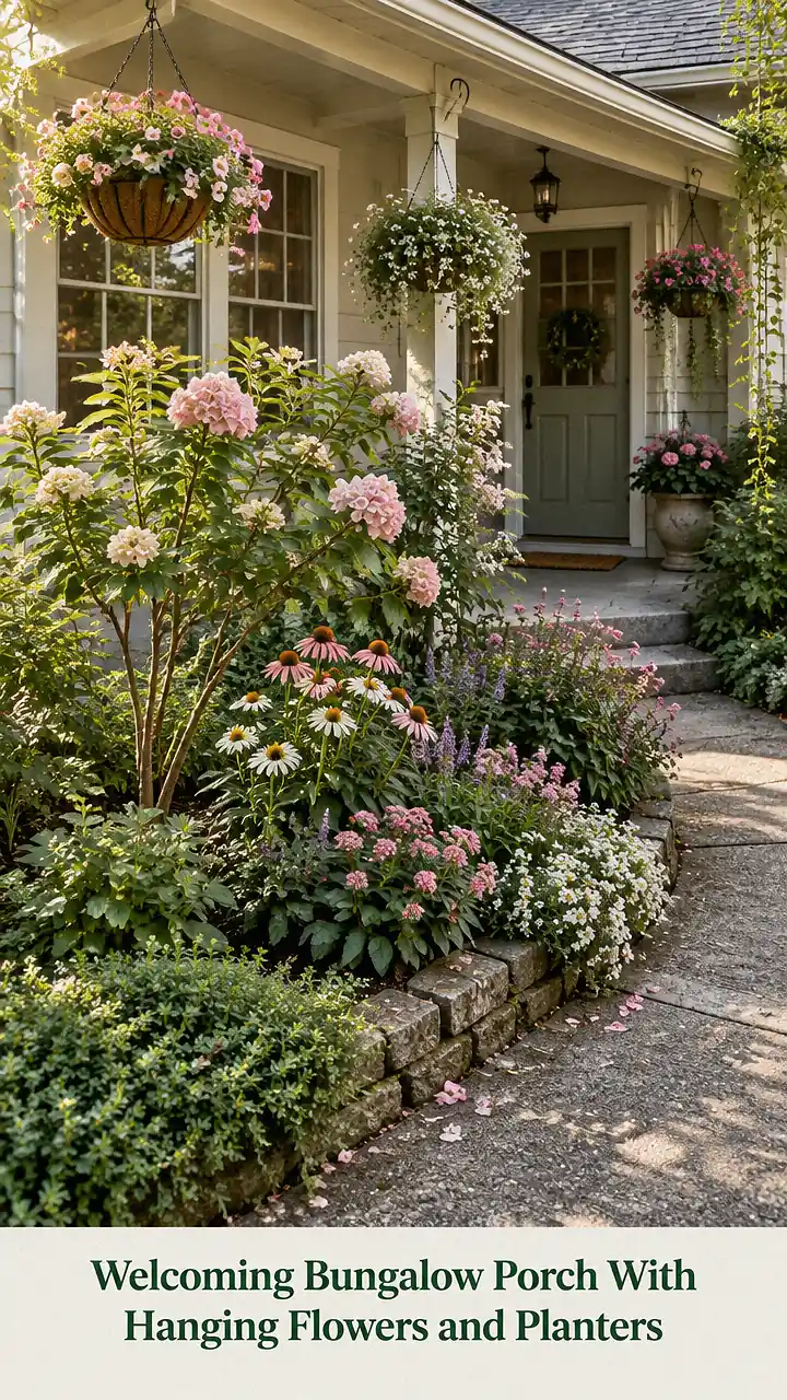 Welcoming Bungalow Porch With Hanging Flowers and Planters
