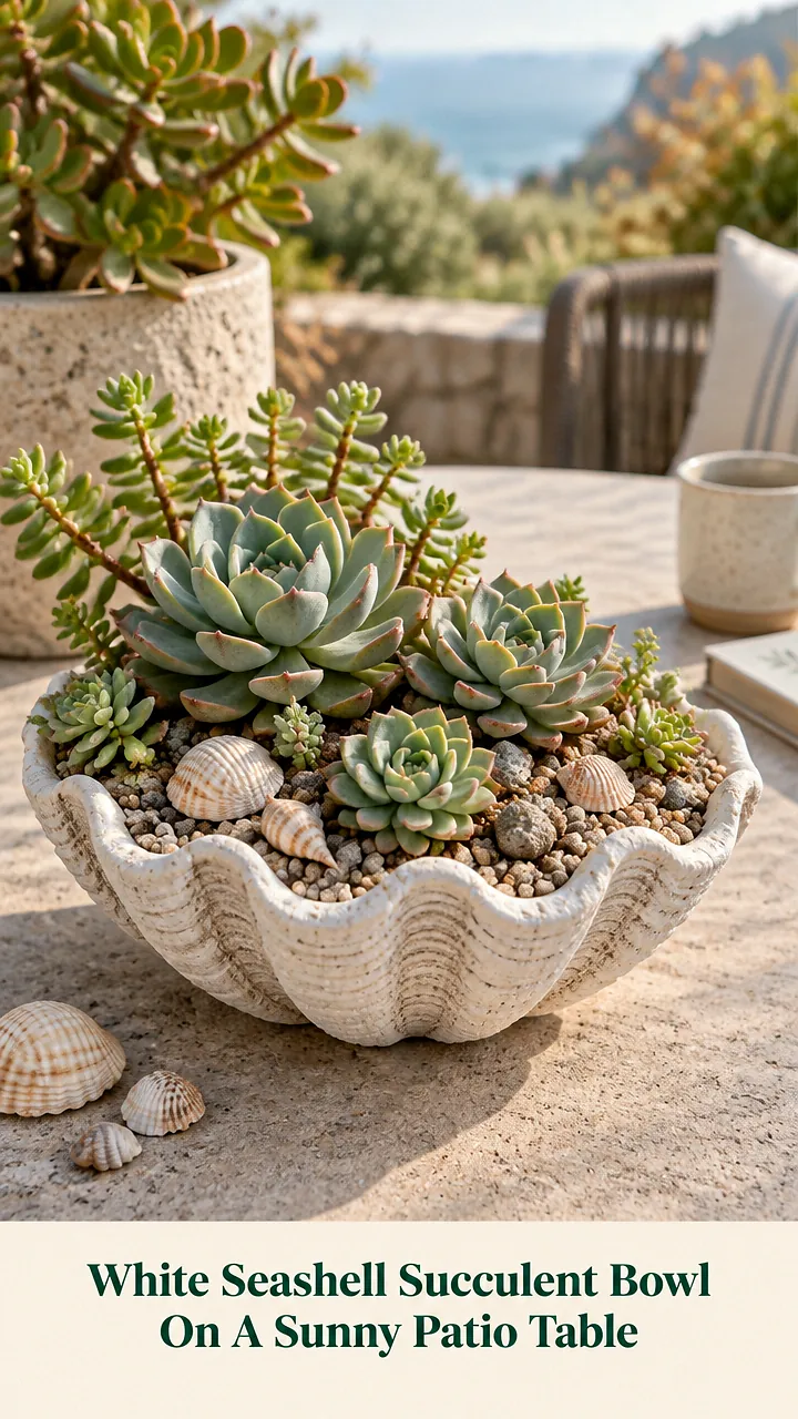 White Seashell Succulent Bowl On A Sunny Patio Table