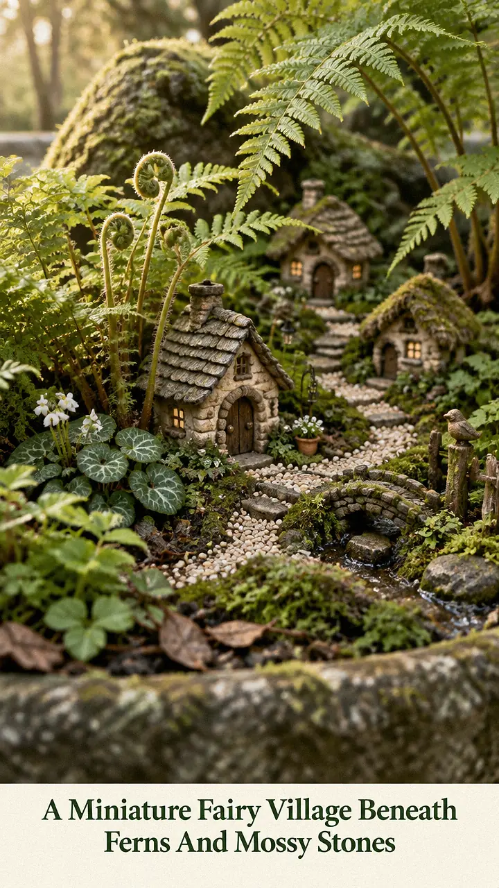 A Miniature Fairy Village Beneath Ferns And Mossy Stones