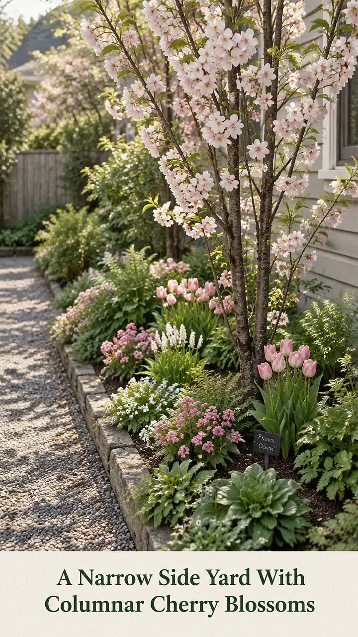 A Narrow Side Yard With Columnar Cherry Blossoms