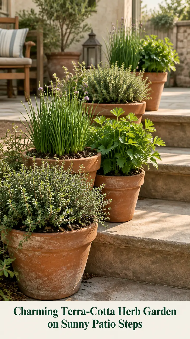 Charming Terra-Cotta Herb Garden on Sunny Patio Steps