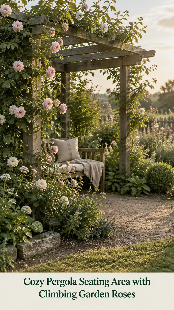 Cozy Pergola Seating Area with Climbing Garden Roses