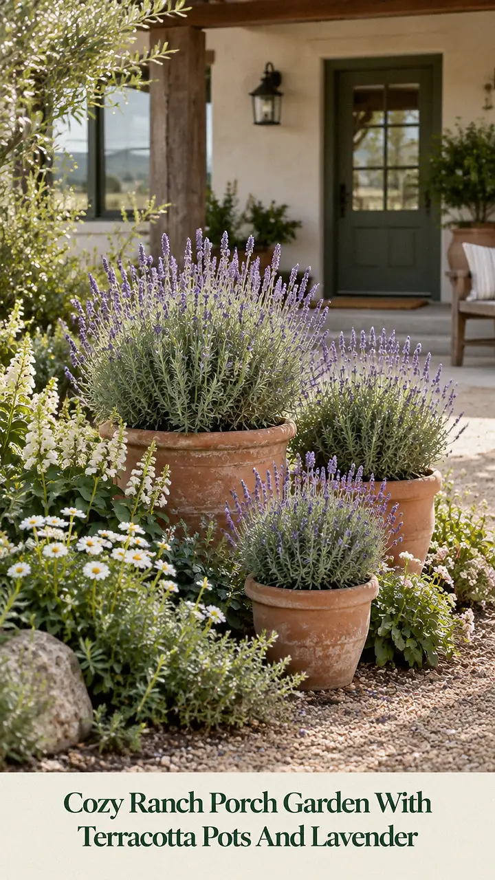 Cozy Ranch Porch Garden With Terracotta Pots And Lavender