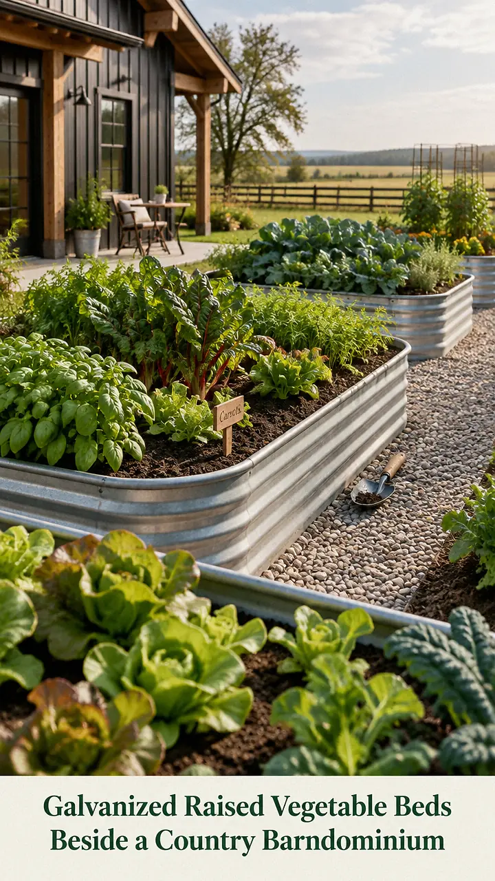 Galvanized Raised Vegetable Beds Beside a Country Barndominium