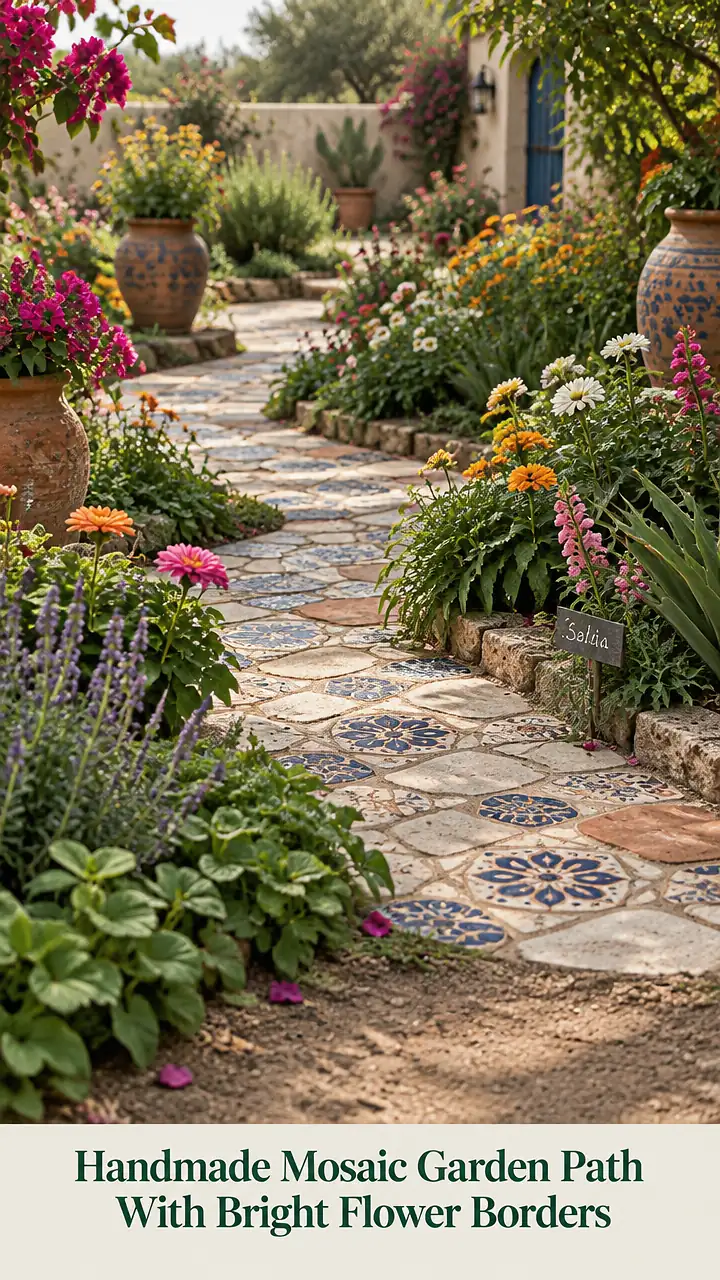 Handmade Mosaic Garden Path With Bright Flower Borders