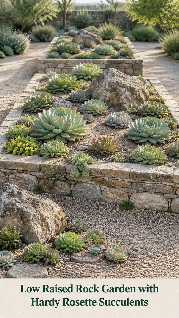 Low Raised Rock Garden with Hardy Rosette Succulents