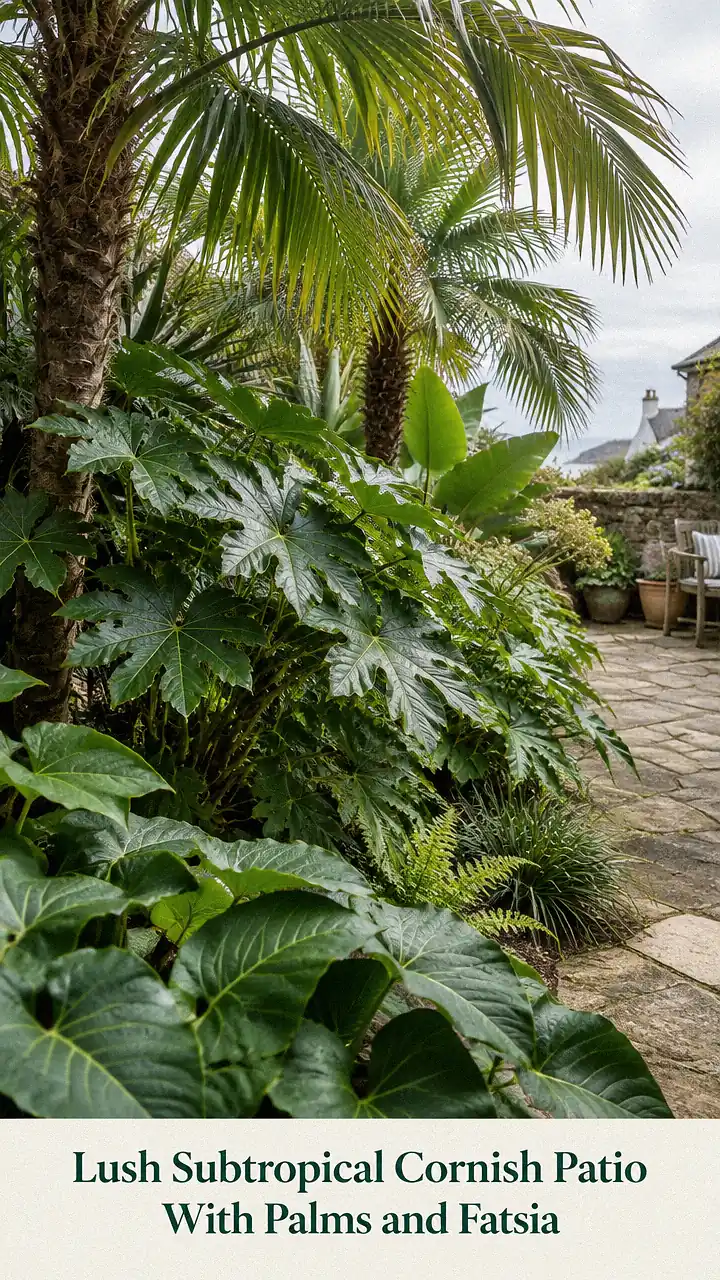 Lush Subtropical Cornish Patio With Palms and Fatsia
