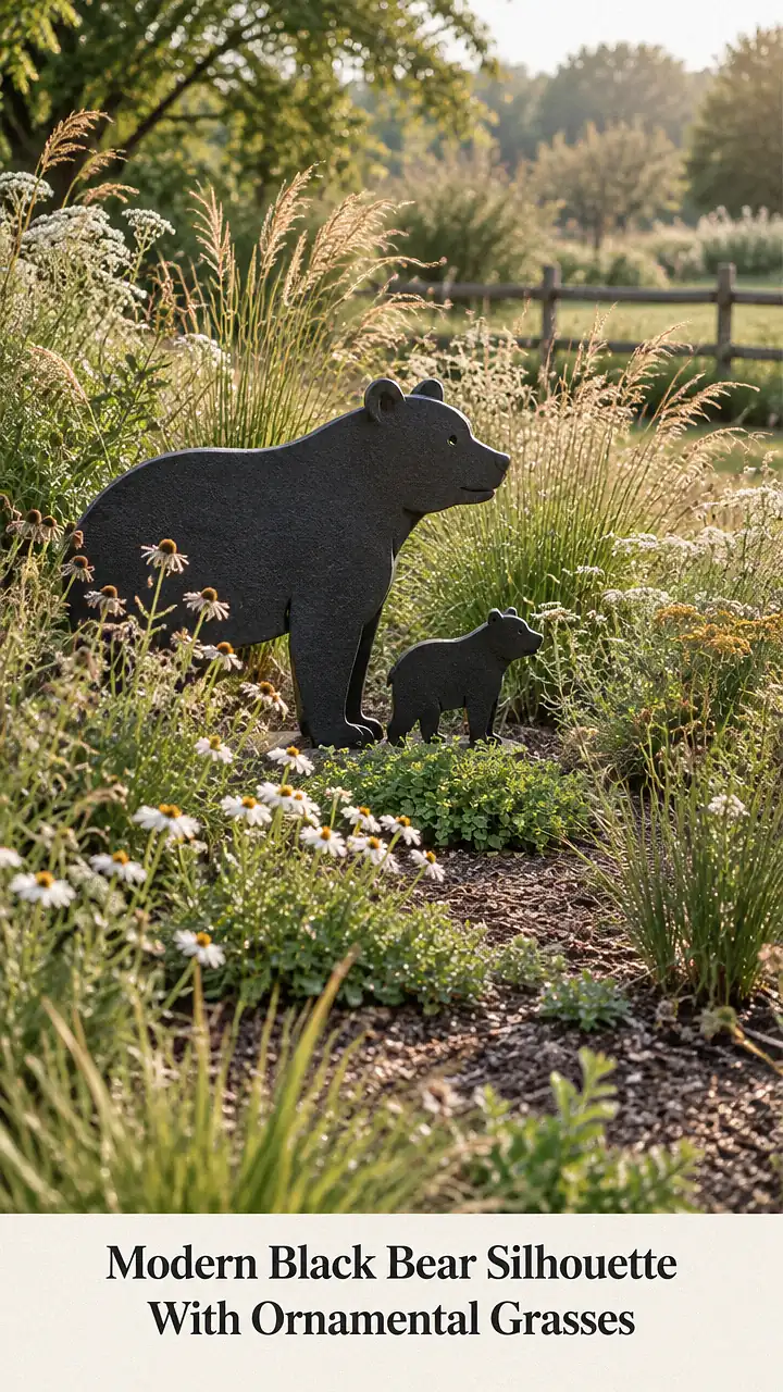 Modern Black Bear Silhouette With Ornamental Grasses