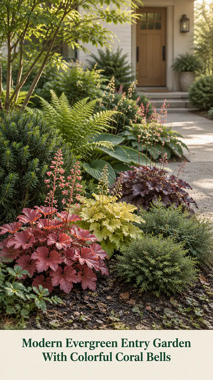 Modern Evergreen Entry Garden With Colorful Coral Bells