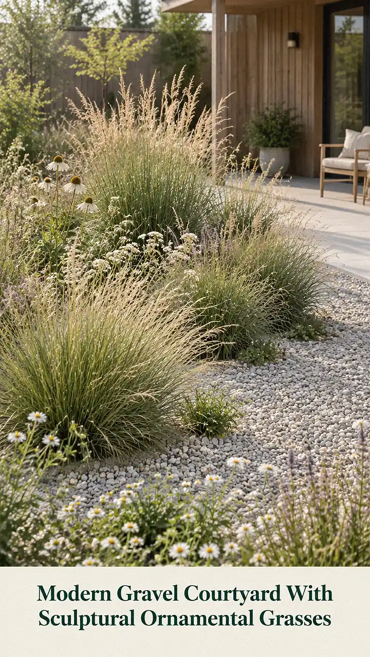 Modern Gravel Courtyard With Sculptural Ornamental Grasses