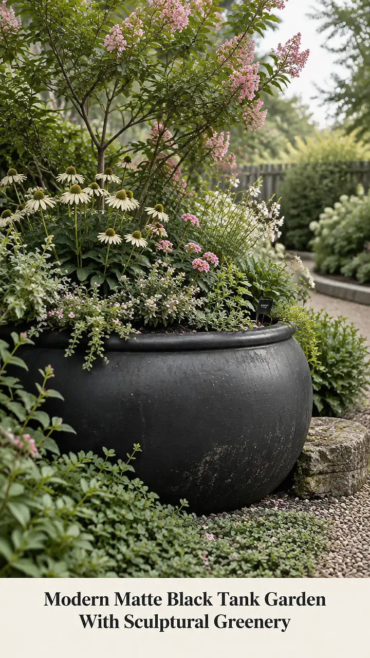 Modern Matte Black Tank Garden With Sculptural Greenery