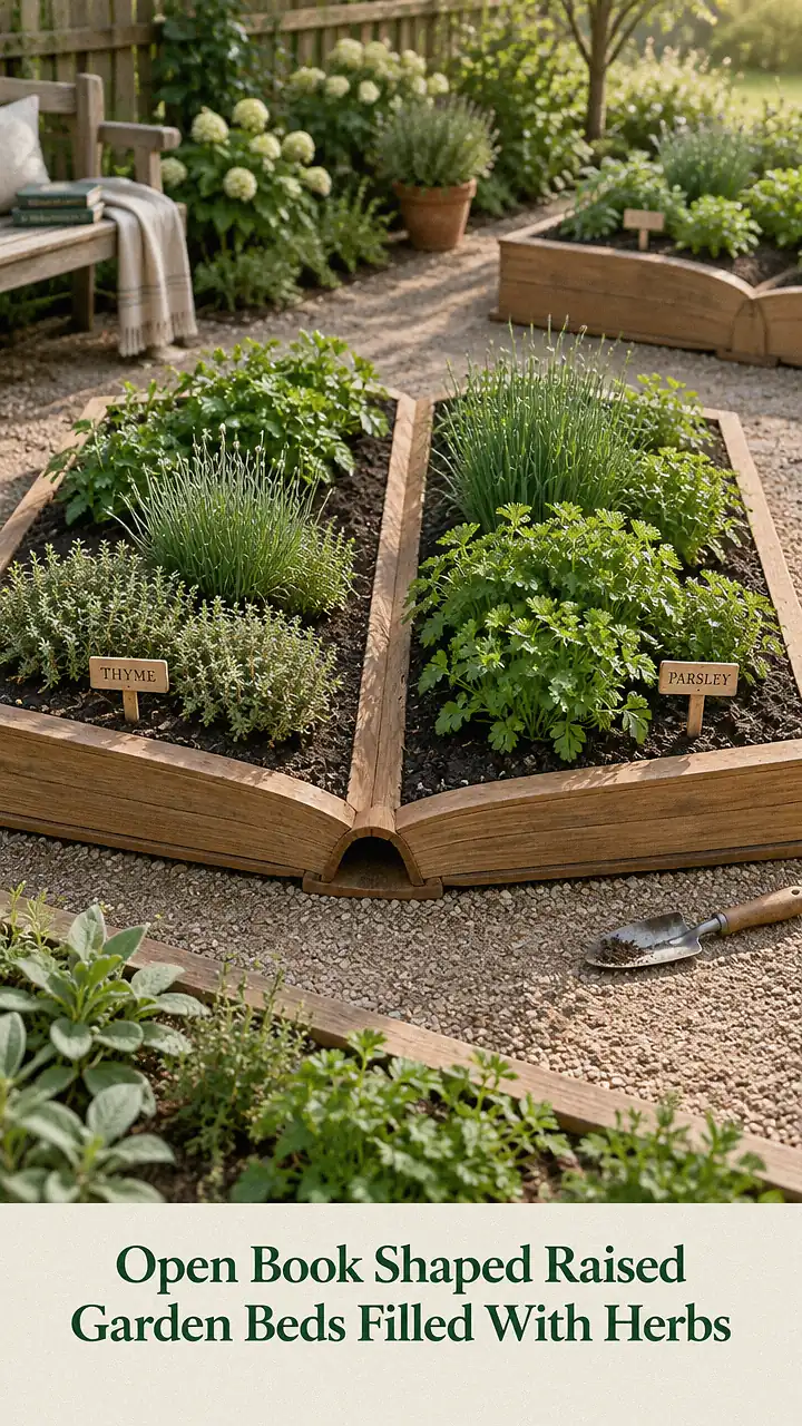 Open Book Shaped Raised Garden Beds Filled With Herbs