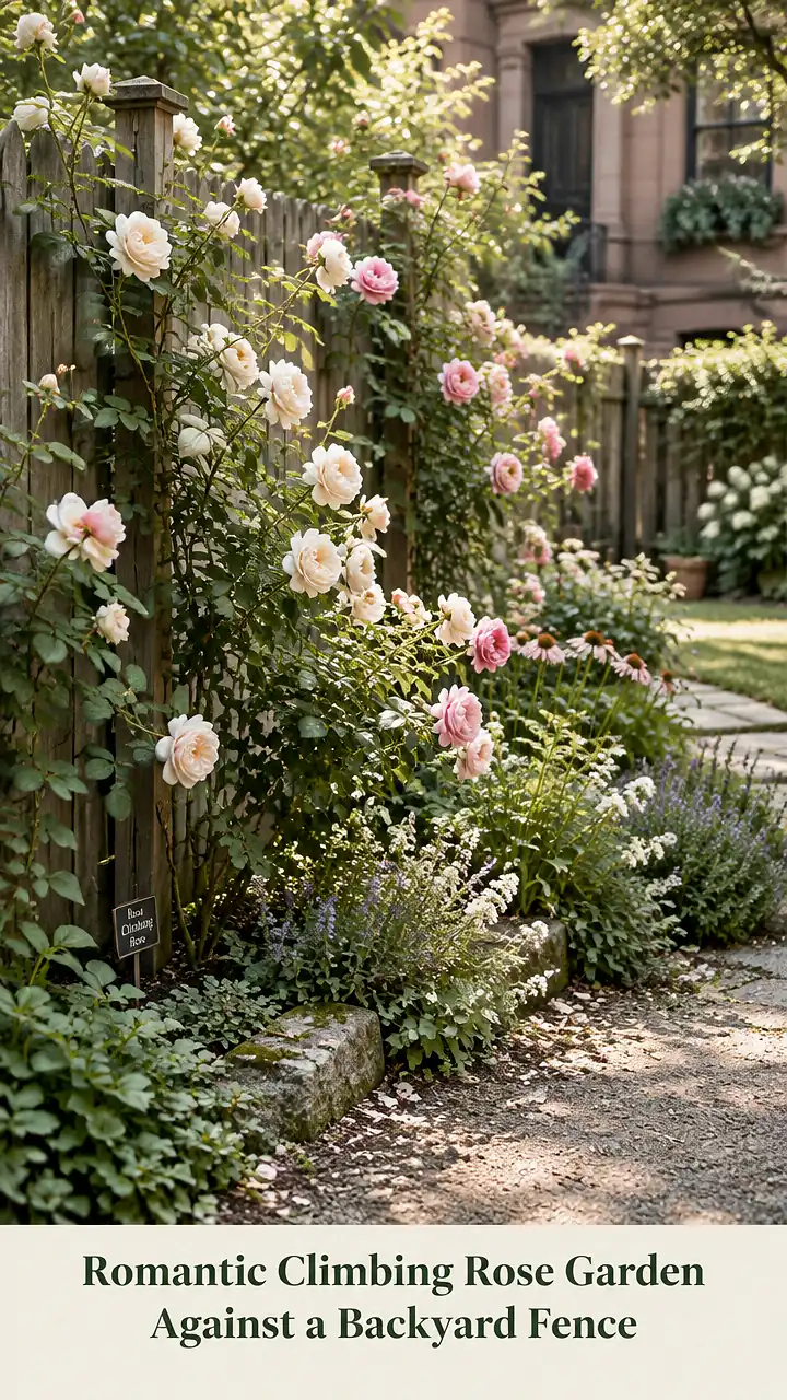 Romantic Climbing Rose Garden Against a Backyard Fence