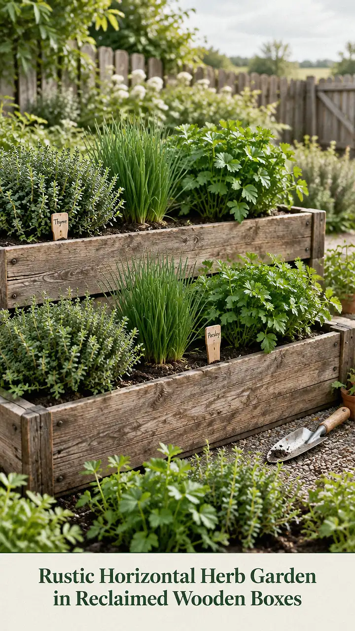 Rustic Horizontal Herb Garden in Reclaimed Wooden Boxes