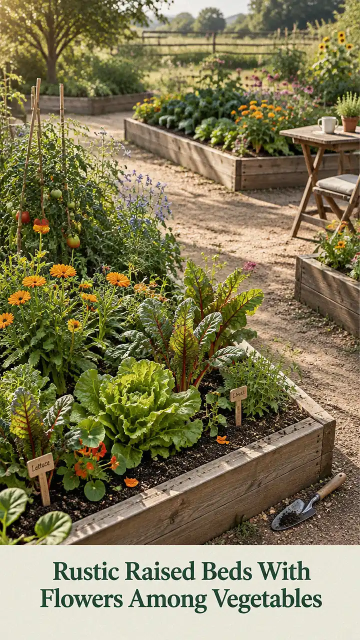 Rustic Raised Beds With Flowers Among Vegetables