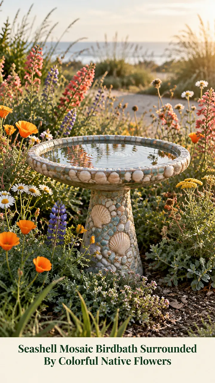 Seashell Mosaic Birdbath Surrounded By Colorful Native Flowers